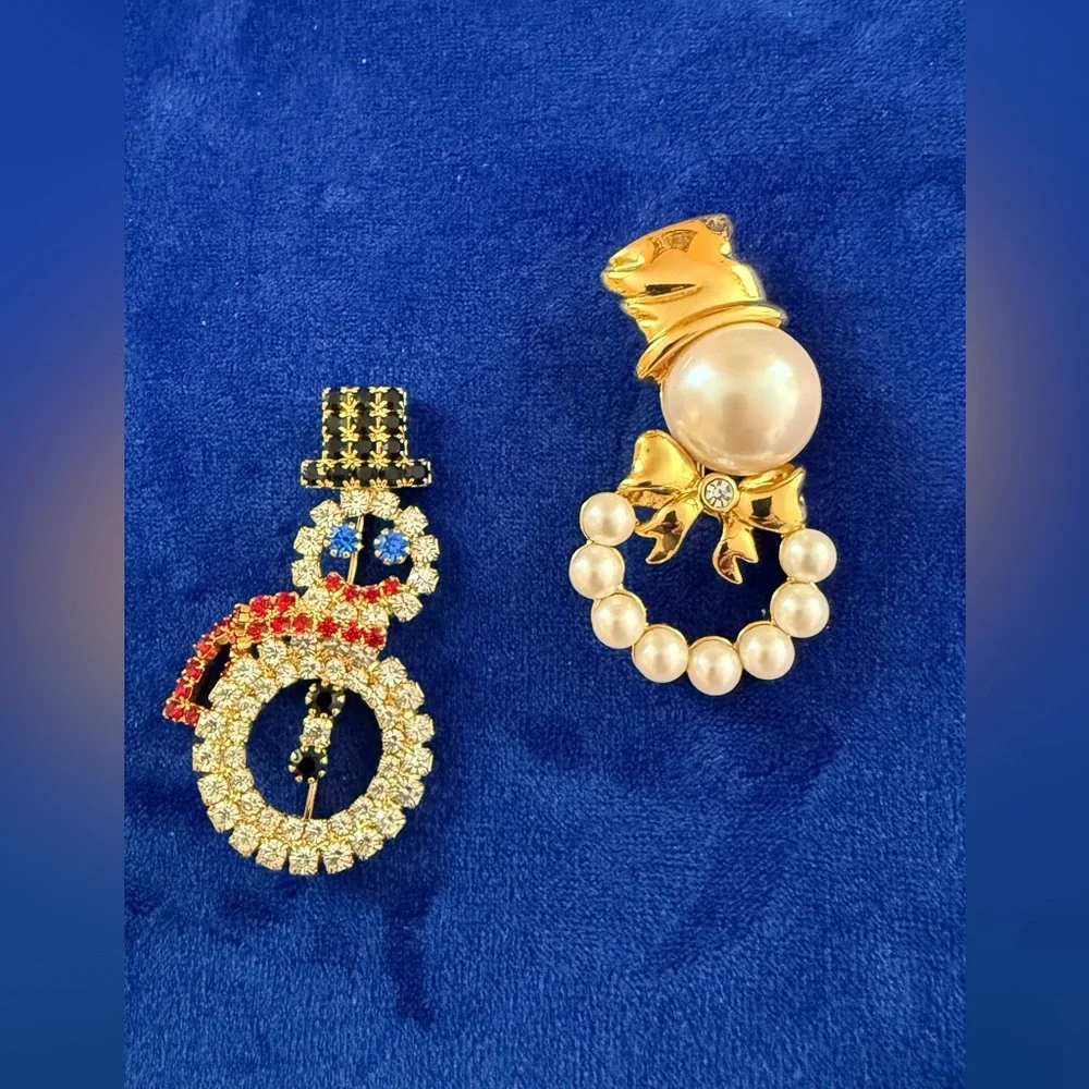 Two Vintage Snowman Brooches Gold Pearl Bow Crystal Multicolor  - Women Jewelry